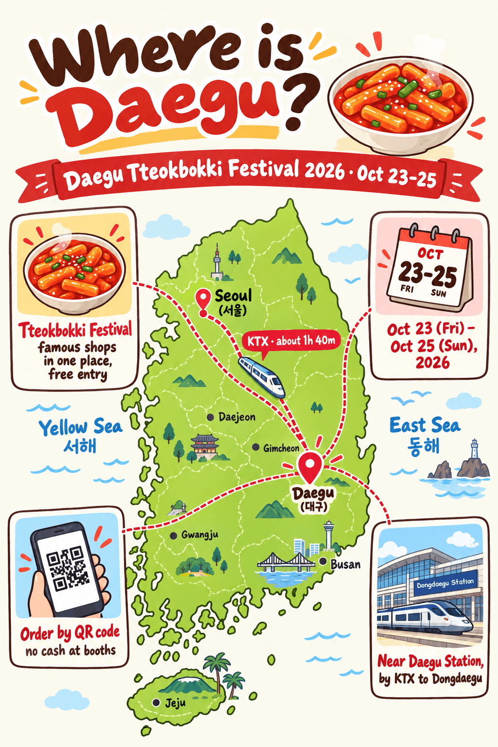 Illustrated map of South Korea showing the KTX route from Seoul to Dongdaegu Station in Daegu