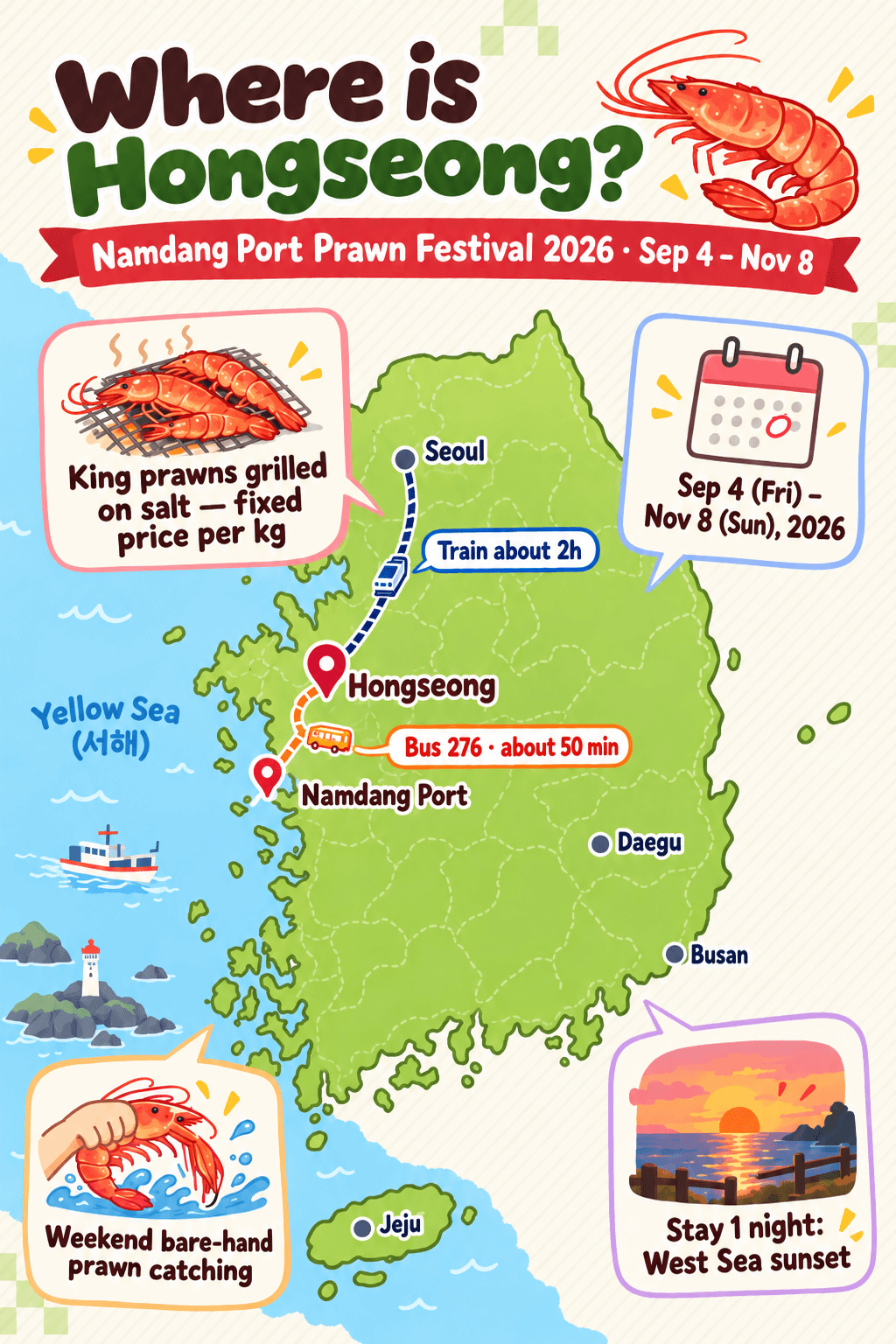 Illustrated location map of Hongseong: train from Seoul to Hongseong, city bus 276 to Namdang Port