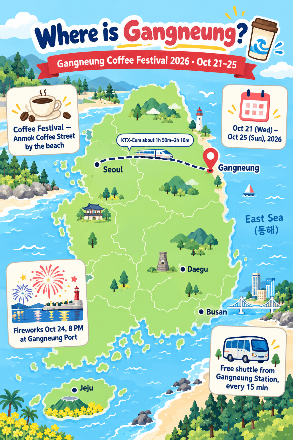 Illustrated map showing Gangneung, the KTX-Eum route from Seoul and the festival at Anmok Coffee Street