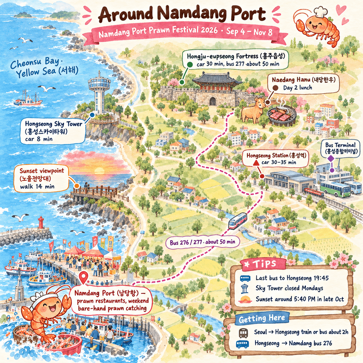 Illustrated map around Namdang Port: sunset viewpoint, Hongseong Sky Tower, Hongju-eupseong, Hongseong Station