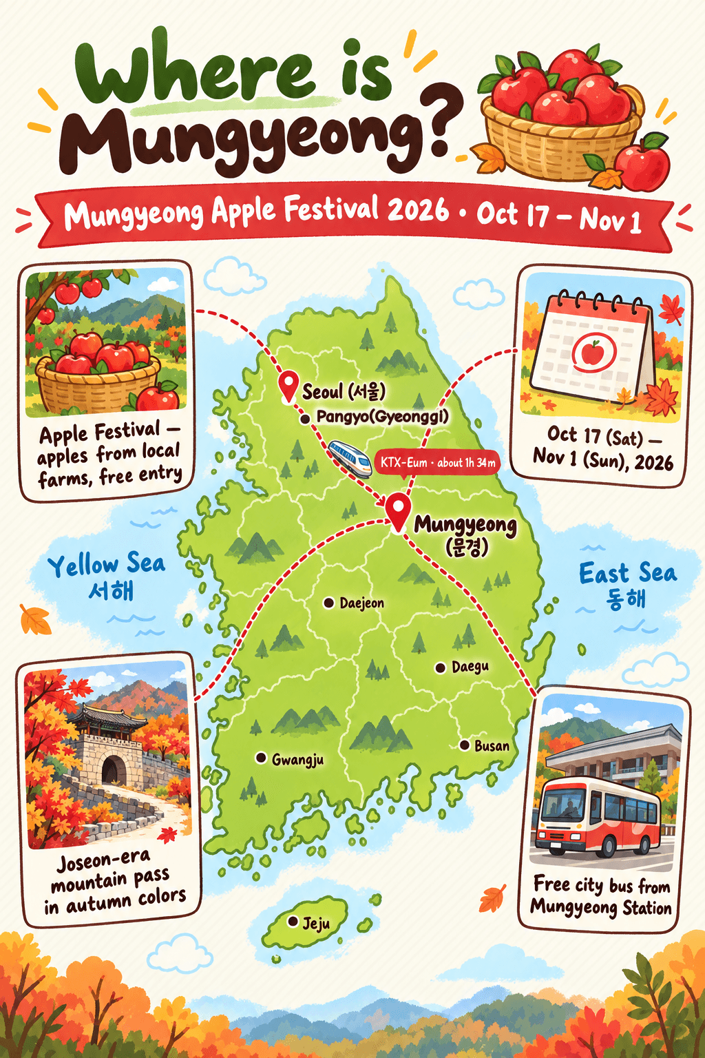 Illustrated map of South Korea showing the KTX-Eum route from Pangyo (Gyeonggi) Station to Mungyeong Station, with festival fact cards